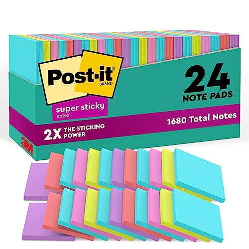Post-it Super Sticky Notes, 24 Note Pads, 3x3 in., 2x the Sticking Power, School Supplies and Office Products for Vertical Surfaces, Monitors, Walls & Windows, Supernova Neons Collection