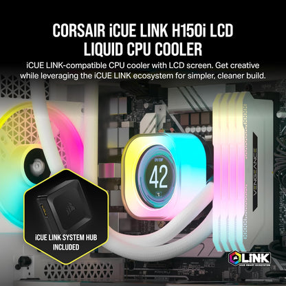 CORSAIR iCUE Link H150i LCD Liquid CPU Cooler - 360mm AIO - QX120 RGB Fans - 2.1” IPS LCD Screen - Fits Intel LGA 1700, AMD AM5 - White