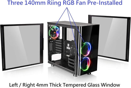 Thermaltake View 31 RGB Dual Tempered Glass SPCC ATX Mid Tower Gaming Computer Case Chassis, 3 RGB LED Ring Fans Pre-installed CA-1H8-00M1WN-01