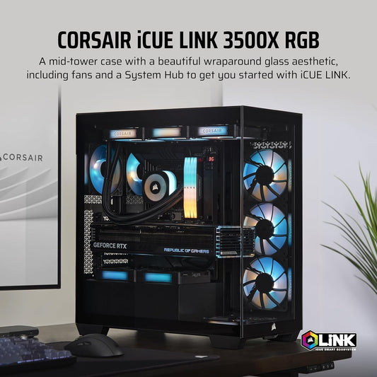 CORSAIR iCUE Link 3500X RGB Mid-Tower ATX PC Case – Panoramic Tempered Glass – 3X CORSAIR iCUE Link RX120 RGB Fans Included – Black