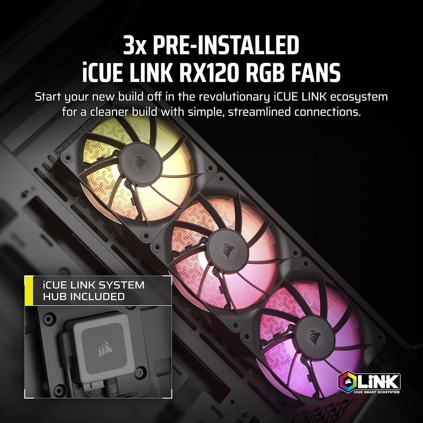 CORSAIR iCUE Link 3500X RGB Mid-Tower ATX PC Case – Panoramic Tempered Glass – 3X CORSAIR iCUE Link RX120 RGB Fans Included – Black