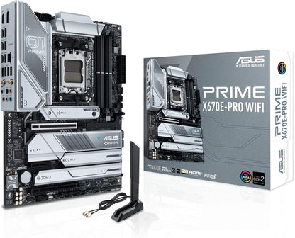 ASUS Prime X670E-PRO WiFi AMD X670 AM5 Ryzen™ Desktop 9000 8000 &amp; 7000 ATX Motherboard with PCIe® 5.0, Four M.2 Slots, DDR5 Slots, USB 3.2 Gen 2x2 Type-C®, USB4® Support, WiFi 6E, and 2.5G Ethernet.