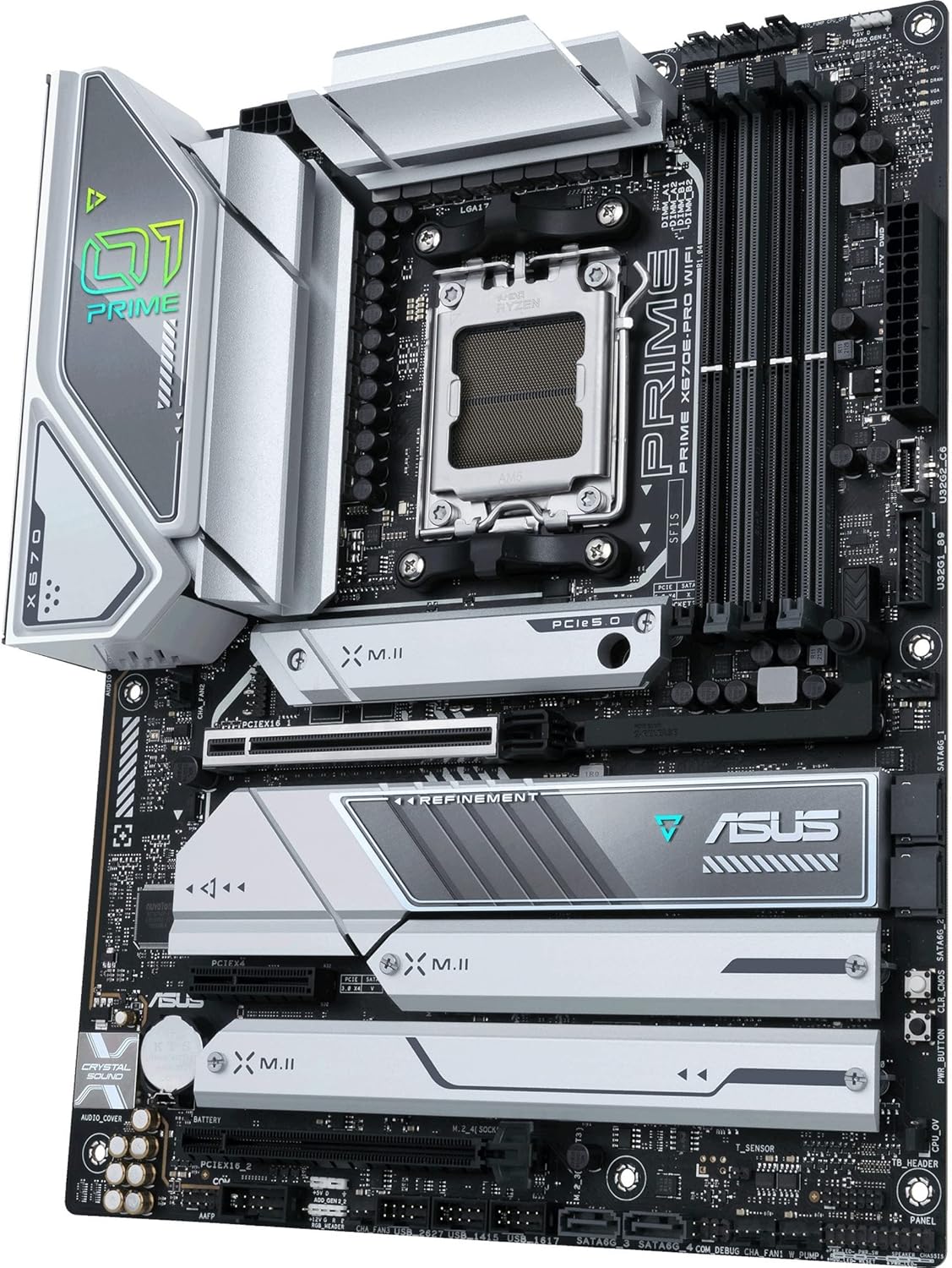 ASUS Prime X670E-PRO WiFi AMD X670 AM5 Ryzen™ Desktop 9000 8000 &amp; 7000 ATX Motherboard with PCIe® 5.0, Four M.2 Slots, DDR5 Slots, USB 3.2 Gen 2x2 Type-C®, USB4® Support, WiFi 6E, and 2.5G Ethernet.