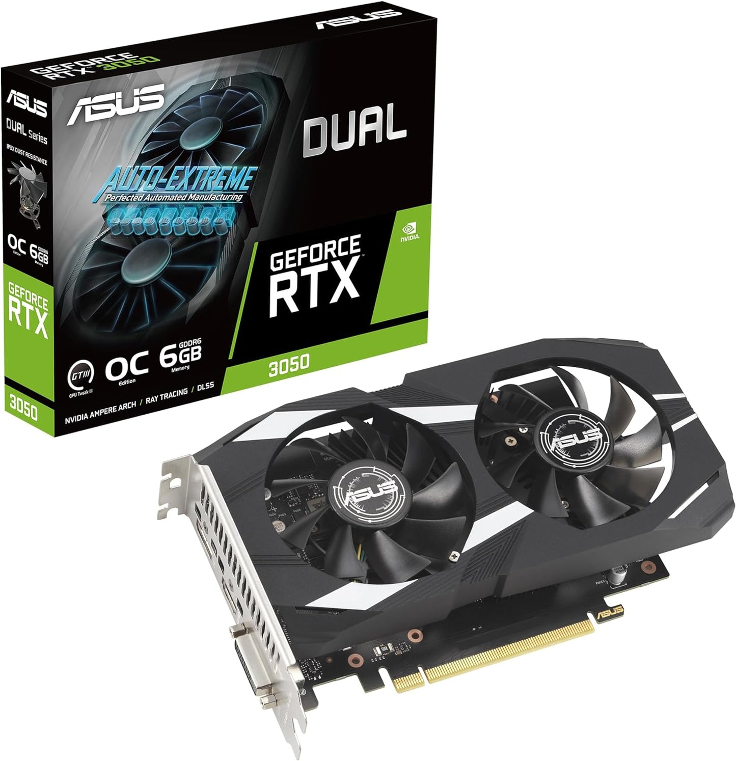 ASUS Dual NVIDia GeForce RTX 3050 6GB OC Edition Gaming Graphics Card - PCIE 4.0, 6GB GDDR6 Memory, HDMI 2.1, Displayport 1.4A, 2-Slot Design