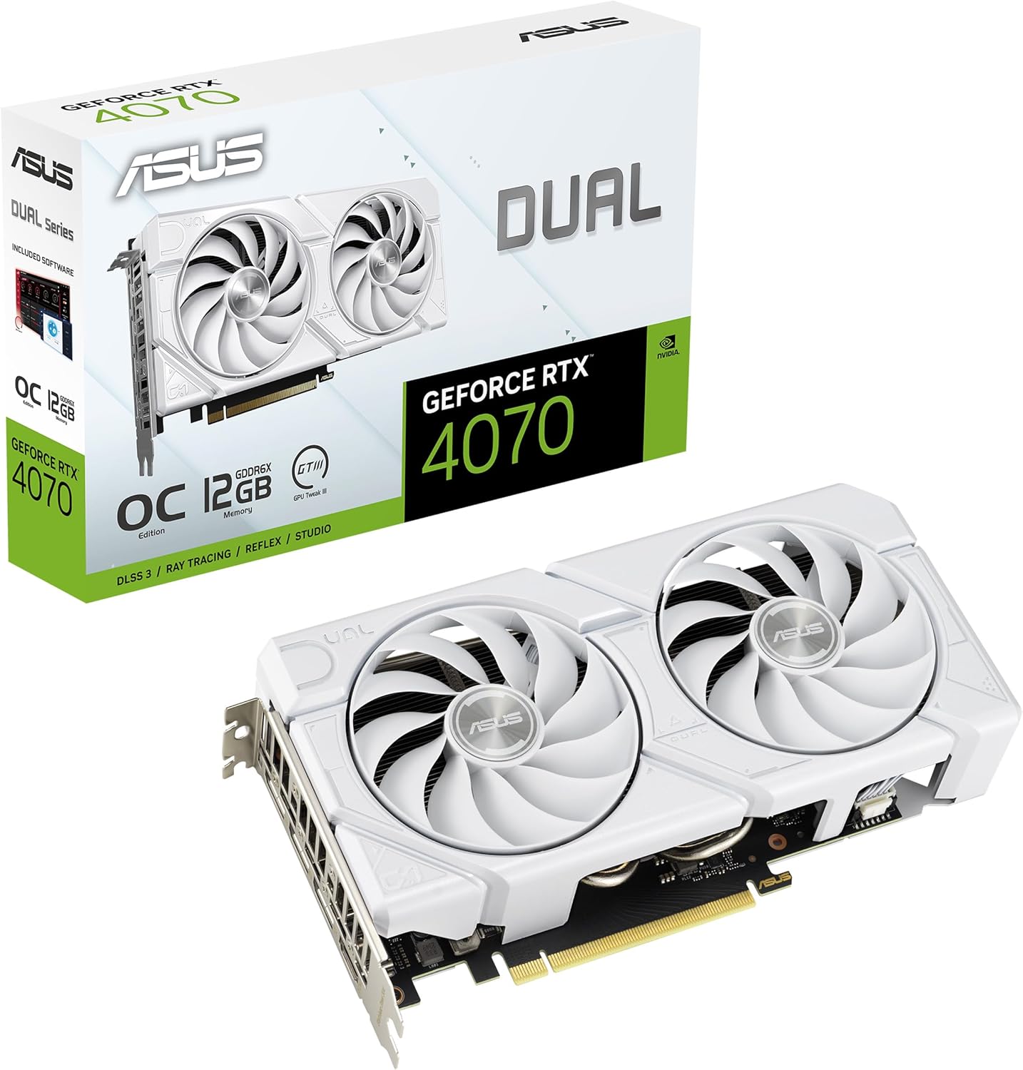 Dual-RTX4070-O12G-White 12GB GDDR6X DLSS 3 HDMI 2.1 ROG Strix GEForce RTX 4070 Gaming Graphics Card with DisplayPort 1.4A & PCIe 4.0