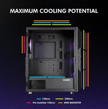 Zalman i3 NEO TG ATX Gaming PC Computer Case - 4 x 120mm Infinity Mirror ARGB Fans - Tempered Glass Front & Side Panel, Black