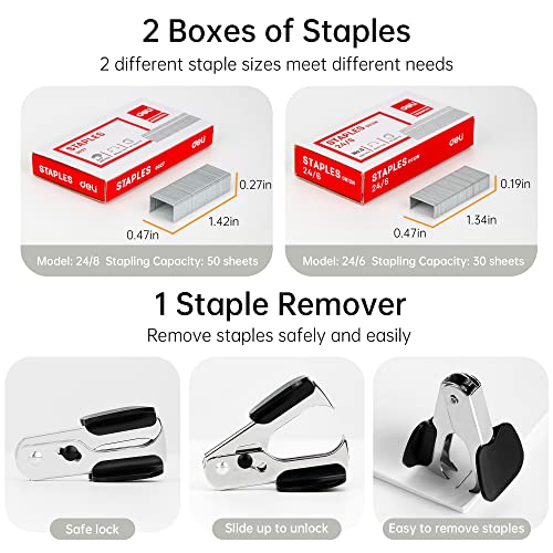 Deli Effortless Desktop Stapler, Heavy Duty Stapler, 40-50 Sheet Capacity, One Finger, No Effort, Includes Staples & Staple Remover, White