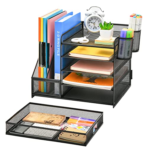 Marbrasse Desk Organizer with File Holder, 5-Tier Paper Letter Tray Organizer with Drawer and 2 Pen Holder, Mesh Desktop Organizer and Storage with Magazine Holder for Office Supplies(Black)